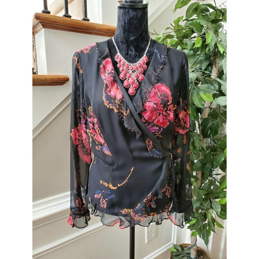 Ile Women's Black Floral 100% Silk Ruffle V-Neck Long Sleeve Casual Top Size L